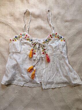 Boho White Embroidered Tassel Cami Top